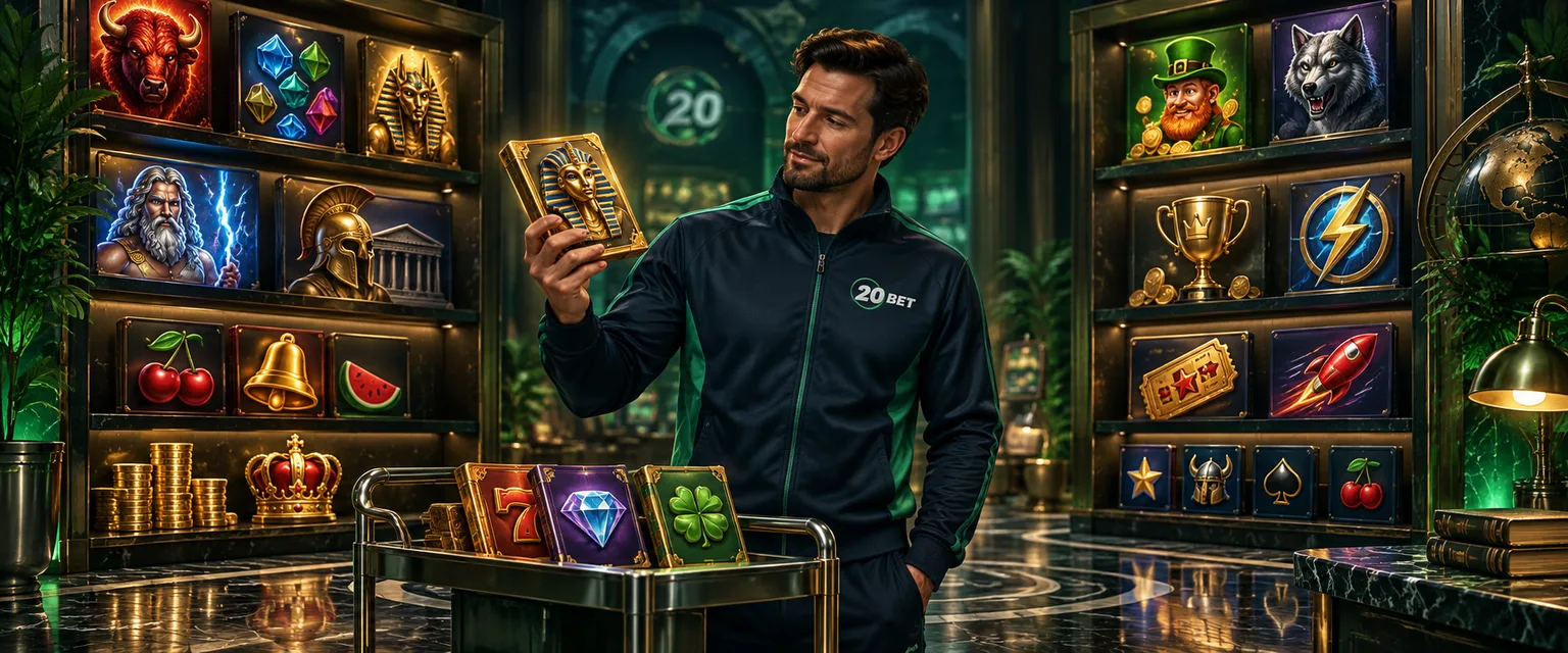 Adult man in 20Bet sportswear — The Slot Library, Shelf by Shelf