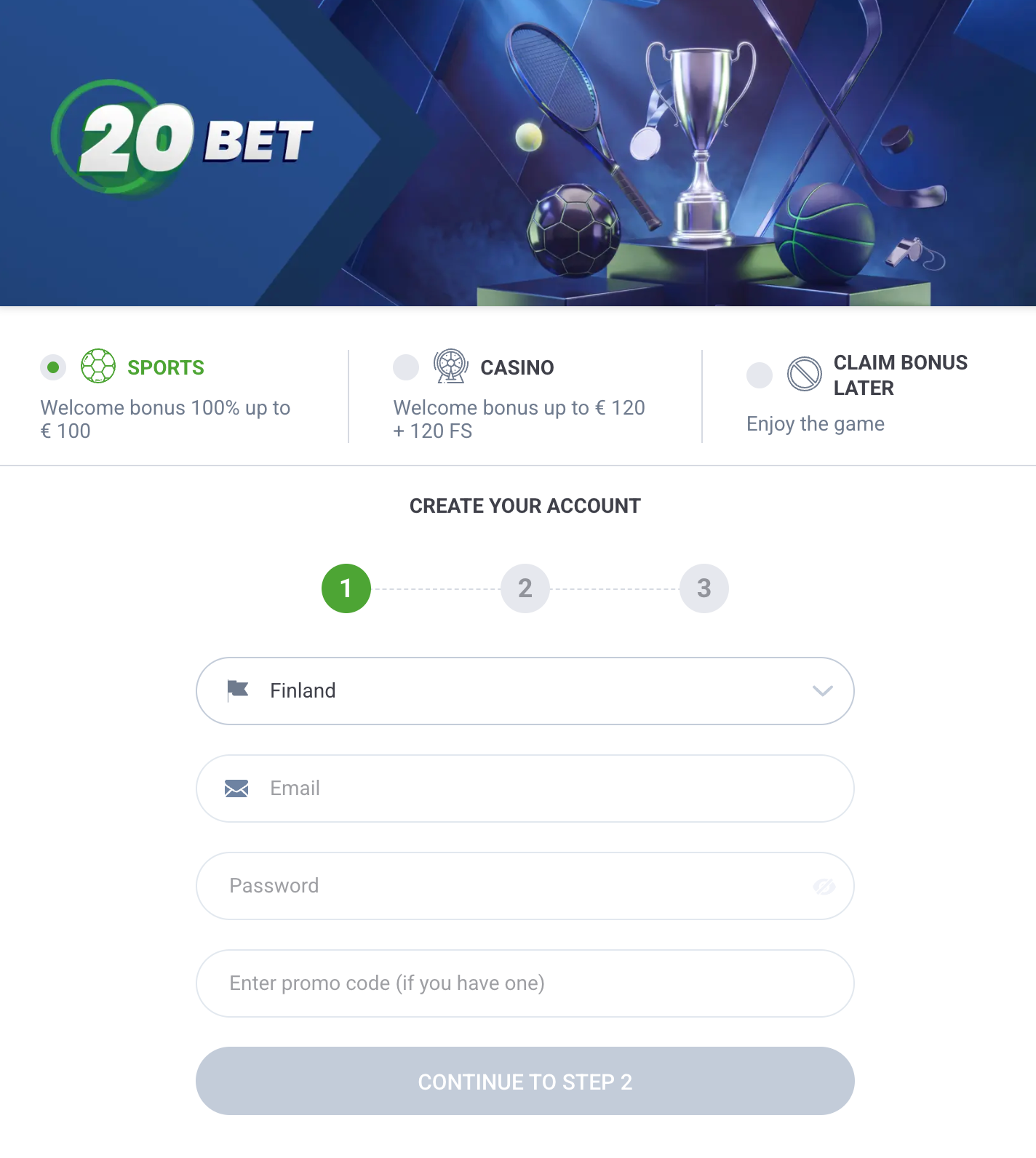 20Bet account registration screen with Finland selected
